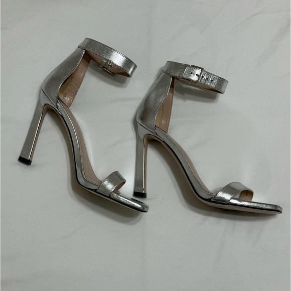 Stuart Weitzman Metallic Silver Leather Strap Heels - Nudistcurve Sandal - Picture 1 of 6